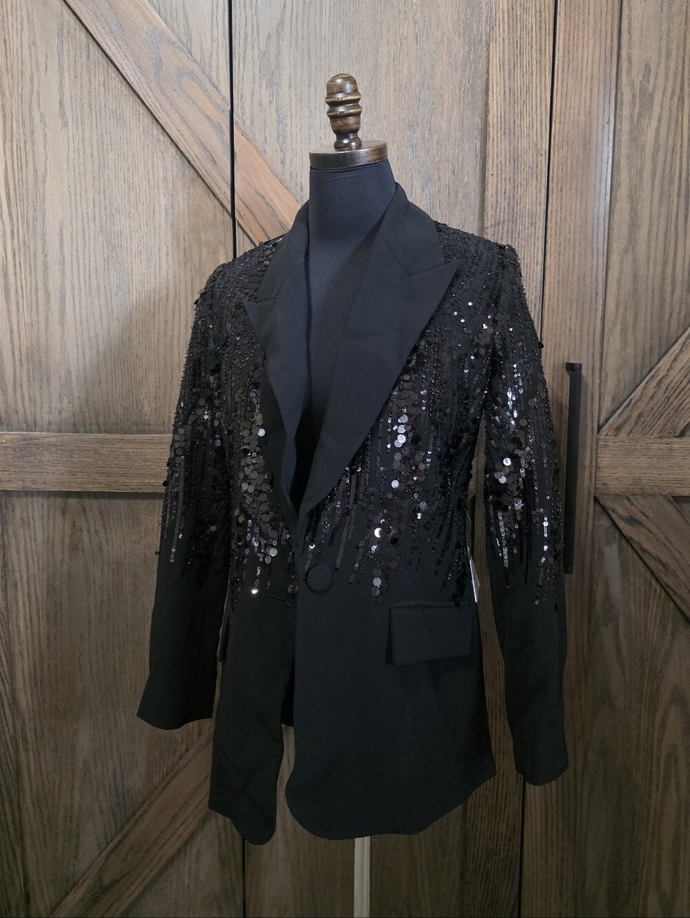 NWT NADINE MERABI Black Sequin Tuxedo Blazer